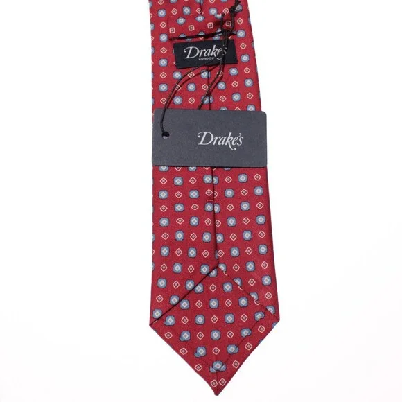 Drake's NWT Neck Tie in Red with Light Blue & White Geometric Pattern 100% Silk